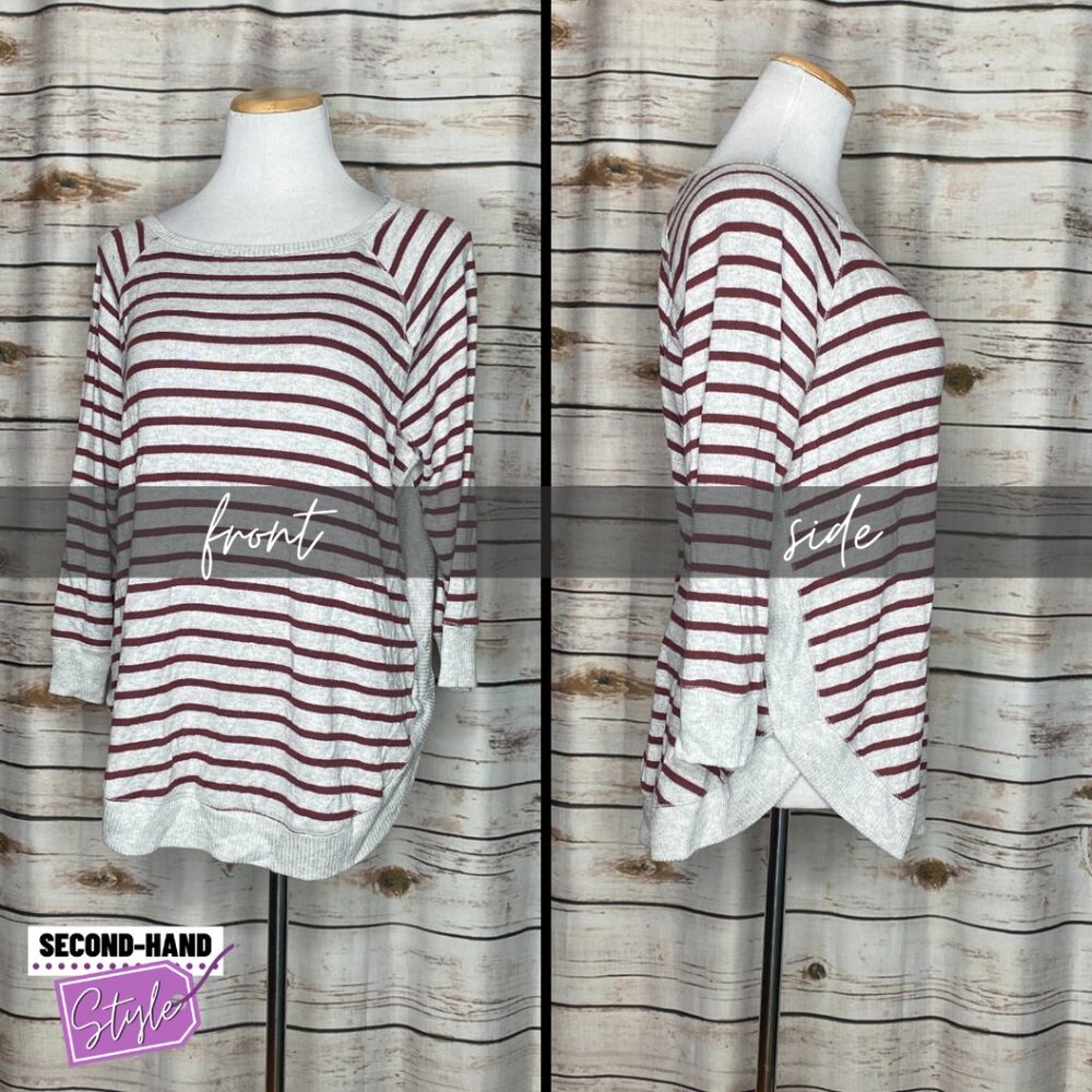 Rounded Hem Stripe Sweater with 3/4 Length Sleeves